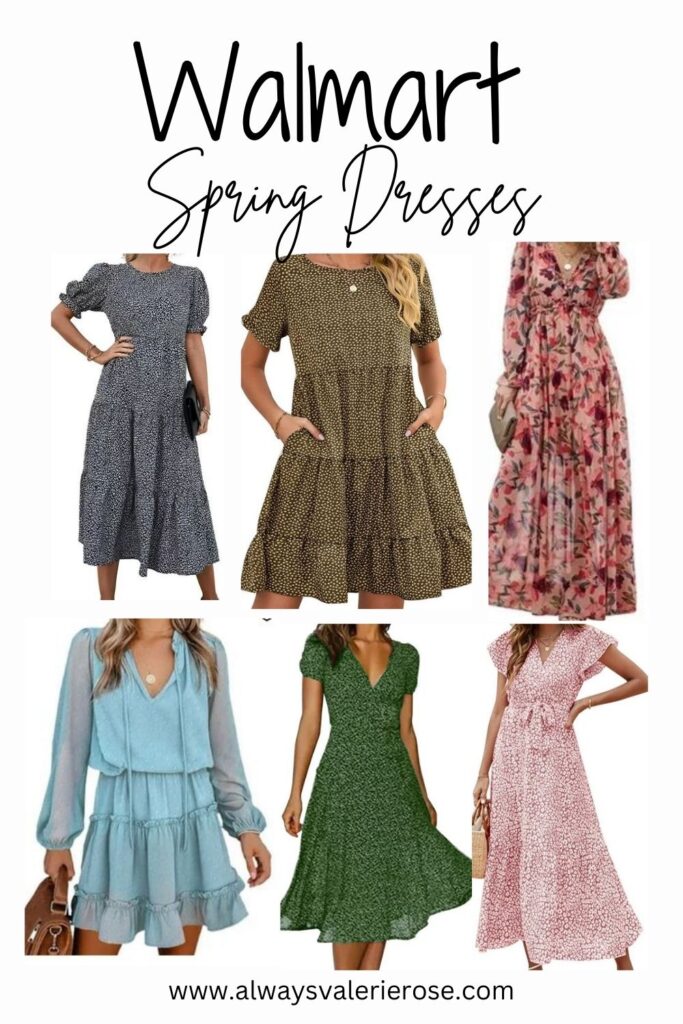 Walmart Women's Style Spring Dresses. Short sleeve dresses and long sleeve options available. Maxi dresses with ruffles and vnecks. Floral print and polka dots