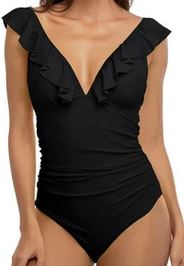 Black one piece suit with a v-neck and ruffles.