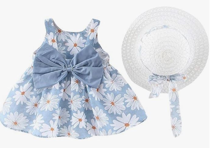 Infant girl sleeveless light blue dress with daisy print. There is a big bow and also comes with a white straw hat. 