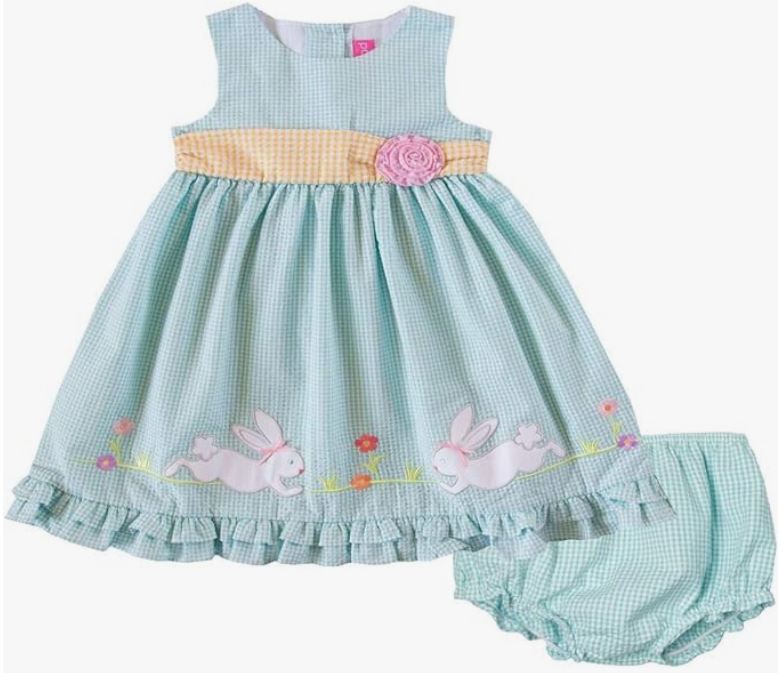 Light Green color dress for newborns and infants. Has two bunnies with flowers at the bottom. There is also a yellow striped waist. 