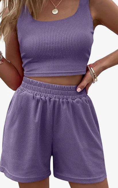 Two piece lightweight short and tank top set in purple. Breathable material and stretchy material. Cropped tank top 