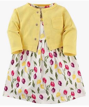 Toddler dress with colored tulips and a yellow colored cardigan to go with it. 