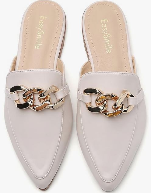 Beige slip on shoe pointed toe with gold buckle