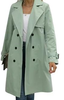 Green trenchcoat with bold black buttons and a buckle on the arm sleeves by the wrist. Jacket also comes with a stylish belt with buttoned up. 