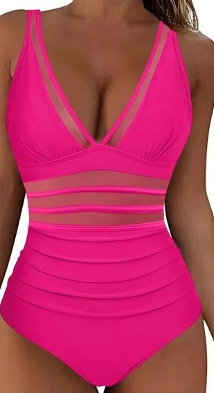 Women's One- Piece swim suit with mesh cut out. Pink bathing suit