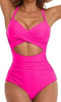 One piece high waisted tummy control suit. Pink color with a cut out in the front. Ties in the back