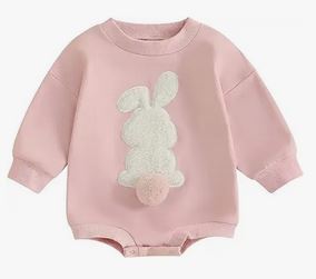 Childrens Crewneck Sweater Pink with a fuzzy bunny 