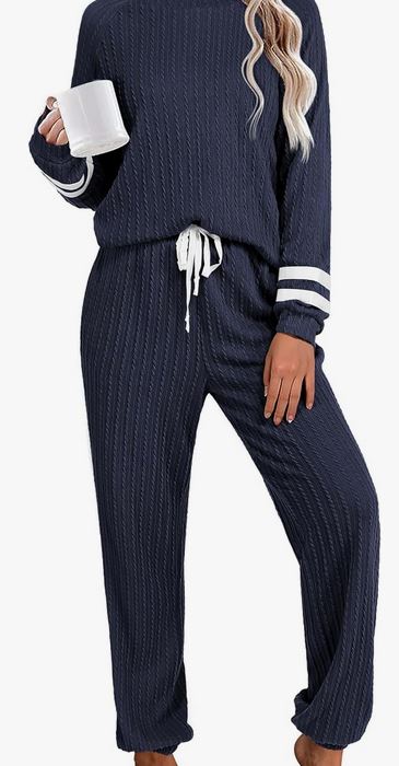 Navy ribbed longsleeve loose fitting loungewear set. Striped design on the sleeve. Drawsting elastic waistband 