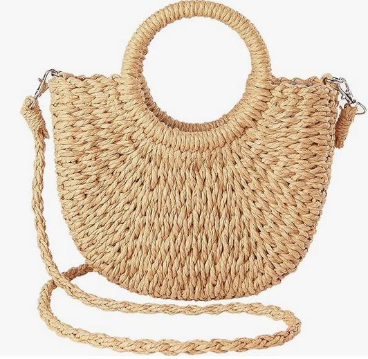 Beach straw bag with handle or removable strap