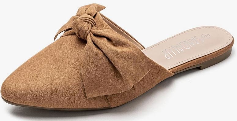 Brown Suede Slip On Pointed Toe with a bow mule