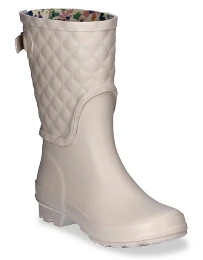 Neutral Color quilted rain boot for women with a buckle.