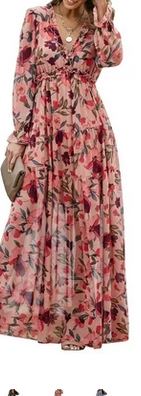 Long dress in length and long sleeves. Pretty pink dress with flower patterns