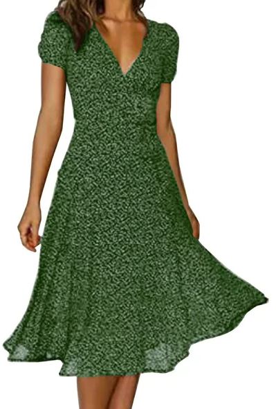 Short flowy dress with shorter sleeves. V-Neck style and green color. 