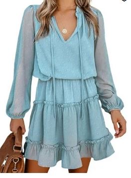 Blue sheer sleeve dress. Shorter style dress with ties and v-neck 