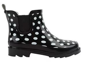 Black ankle rain boot with white polka dots