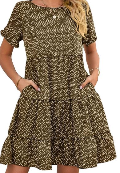 Casual brown dress with white polka dots. Shorter sleeve